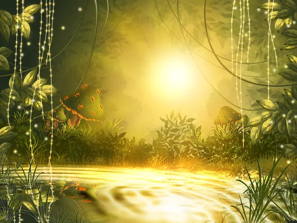 Parlak güneş batımında gölde yansıyan bir gizemli oluşturur