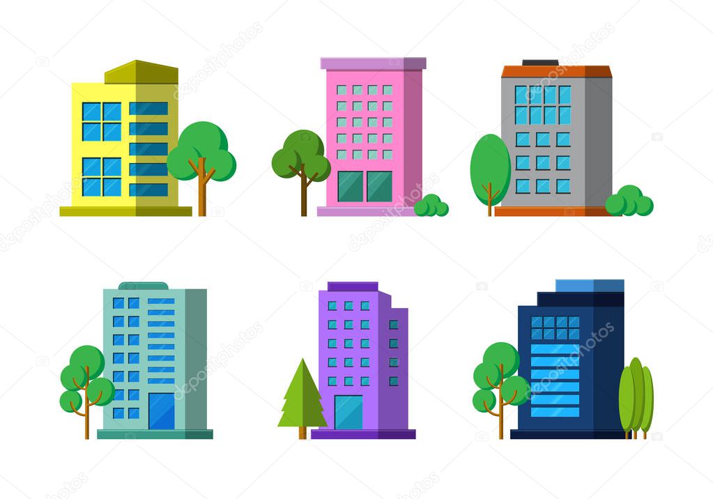 Flat colorful company building and tree on white background, Modern architecture construction vector