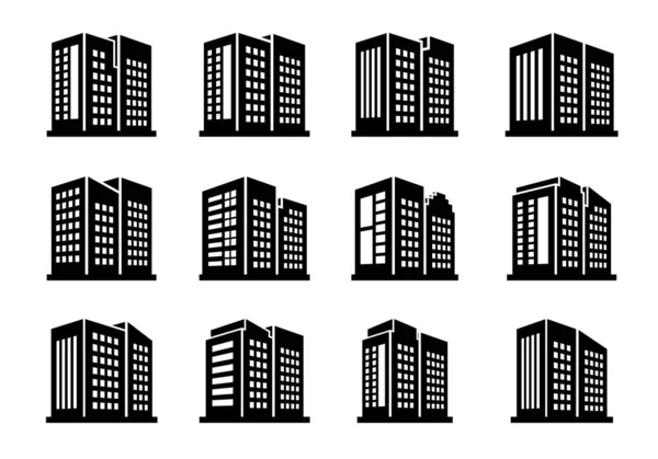 Perspektywne Ikony Budynków Firmy Wektorowej Ustawione Białym Tle Czarny Urząd — Wektor stockowy