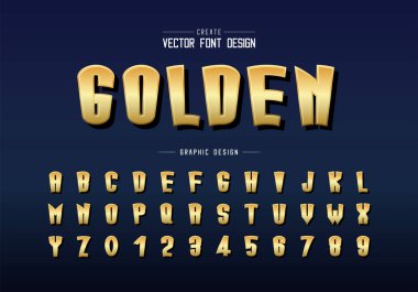 Altın yazı tipi ve çizgi film alfabe vektörü, Altın uzun yazı tipi harfi ve sayı tasarımı, arkaplanda grafik metin gölgesi