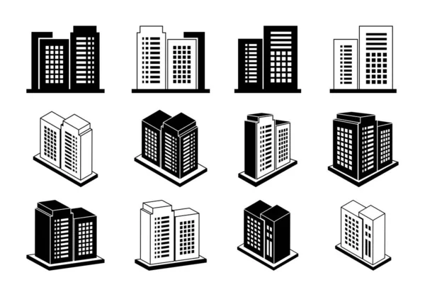 Icon Company Set White Background Perspective Building Vector Collection Bank — 스톡 벡터