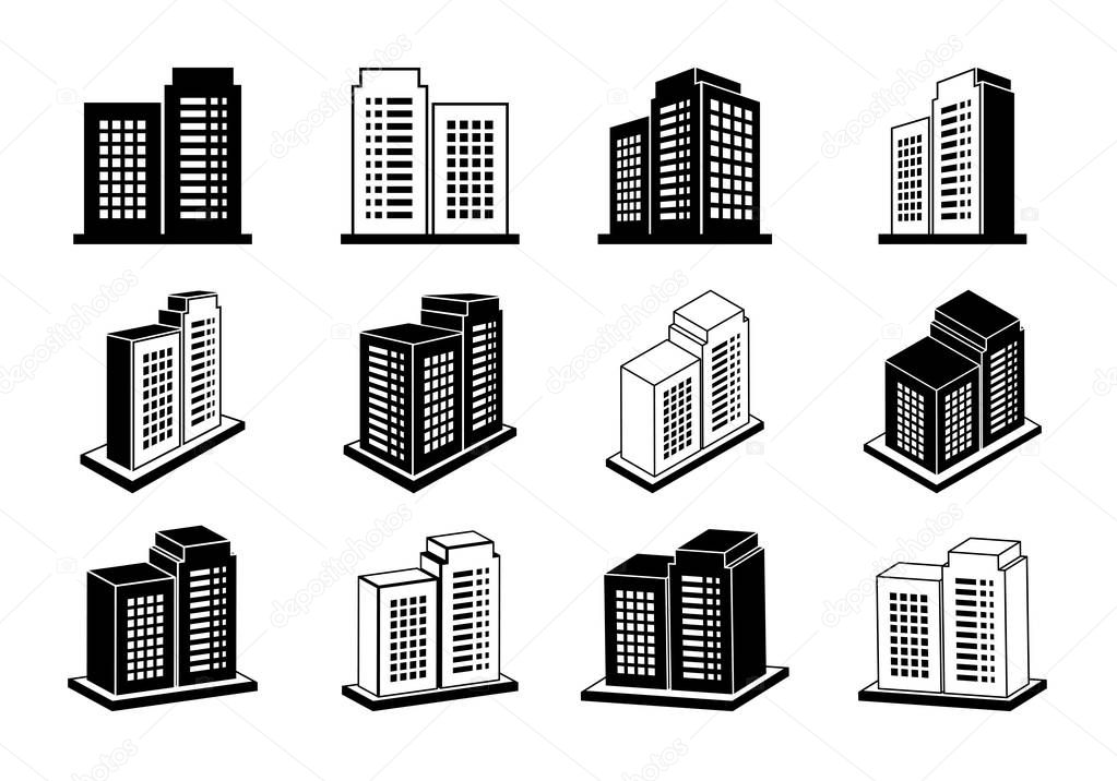 Icon company vector set on white background, Modern 3D buildings collection, Perspective bank and office illustration, black line construction and edifice