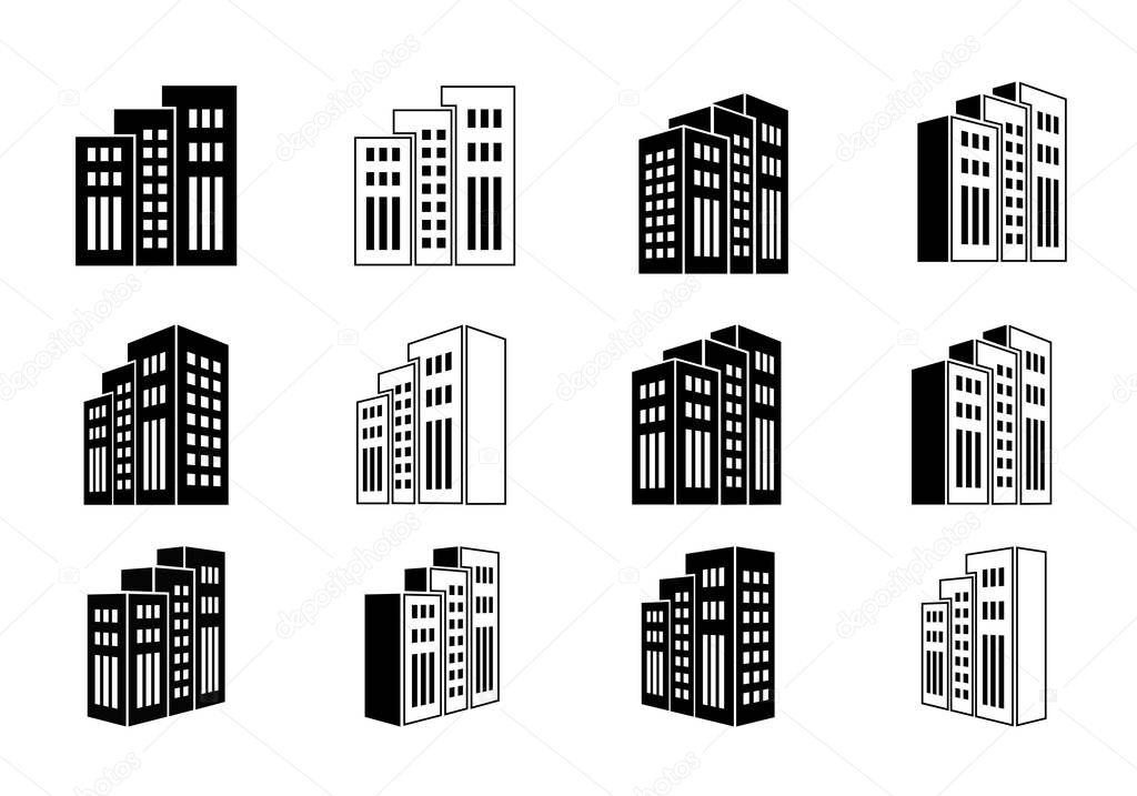 Building and company icon set on white background, Black line hotel condo and apartment illustration, Isometric graphic bank and office silhouette