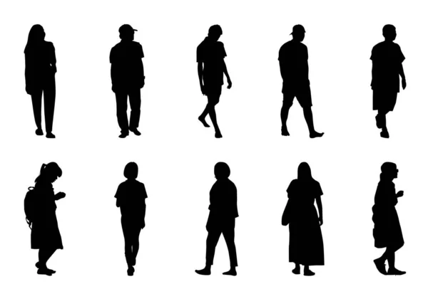 Mensen Silhouet Walking Set Schaduw Vrouwen Mannen Vector Collectie — Stockvector