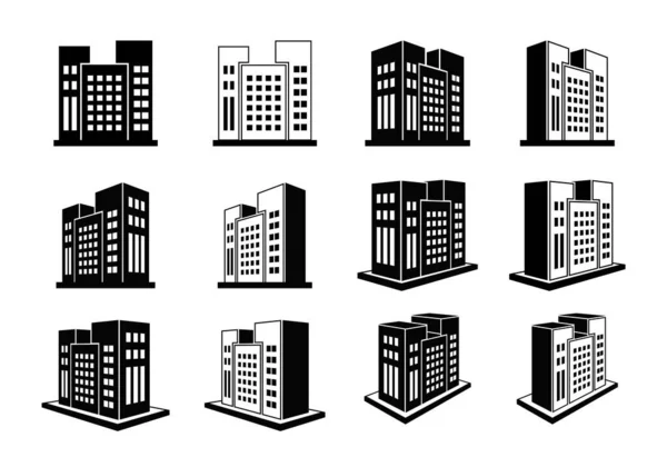 3Dビルや会社のアイコンベクトルセット 白の背景に黒隔離されたオフィスコレクション — ストックベクタ