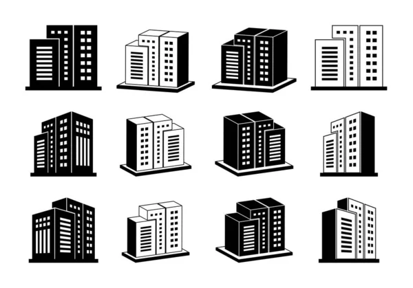 会社のアイコンやシルエットの建物 3D銀行やオフィスベクトルセット ライン近代的な建設 — ストックベクタ