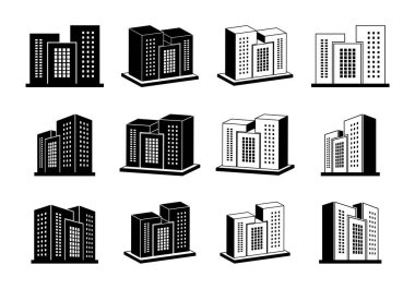 Bina simgeleri seti, 3D şirket vektör koleksiyonu, Isometric otel ve apartman dairesi