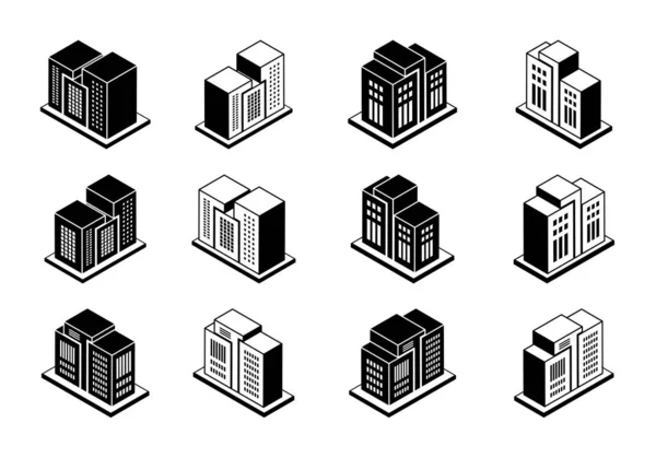 Zestaw Ikon Firmowych Kolekcja Wektorów Budynków Białym Tle Perspektywa Nowoczesnej — Wektor stockowy