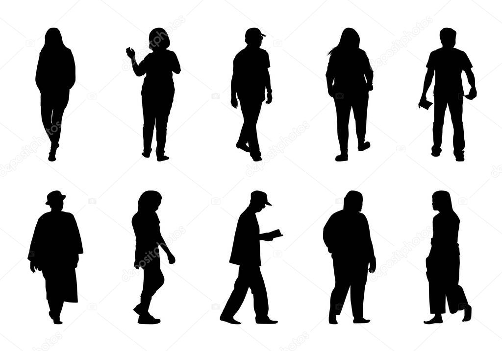 People silhouette walking on white background, Black men and women vector set, Shadow different human illustration