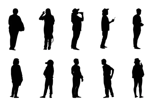 Silhouette People Standing Set Black Men Women Vector White Background — Stock Vector