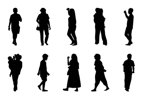 Menschen Silhouette Walking Set Vector Verschiedene Erwachsene Und Kinder Illustration — Stockvektor