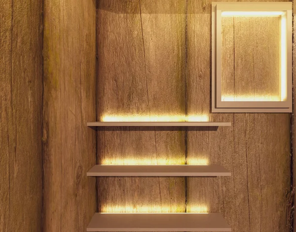 Tahta duvarlı küçük oda 3D tasarım ve Shelv dekorasyonlu sıcak ışık 