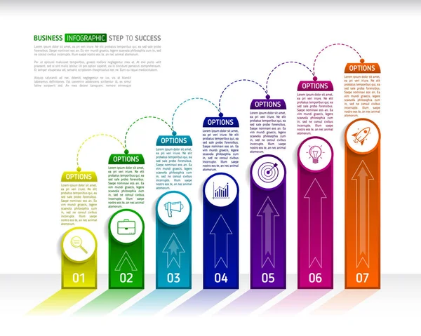 Modèle de conception infographique d'escaliers avec 7 succès multicolores — Image vectorielle