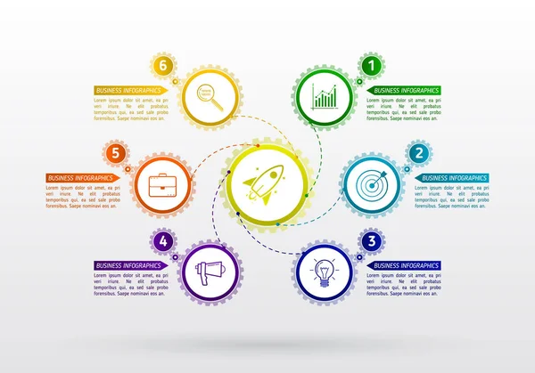 Infografía de engranajes abstractos con 6 pasos. Mecanismo con integrat — Archivo Imágenes Vectoriales