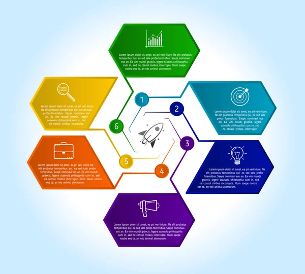 Plantilla de diseño infográfico de 6 pasos con texto e icono. Negocio — Archivo Imágenes Vectoriales