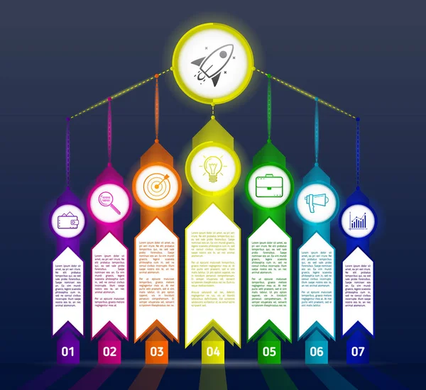 Plantilla de infografía abstracta oscura con flechas. Negro infografías siete opciones con números, iconos y texto de información . — Vector de stock