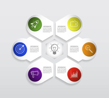 Soyut bilgi 3D tasarım elementleri ve 6 seçenek. Broşür, grafik, web tasarımı için şablon.