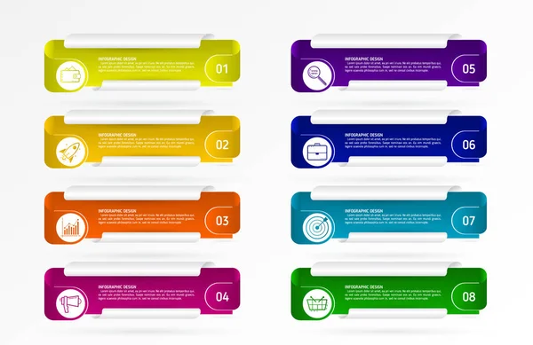 Nowoczesny szablon infograficzny z 8 krokami, ikony dla 8 opcji, kolorowe etykiety dla biznesu. — Wektor stockowy