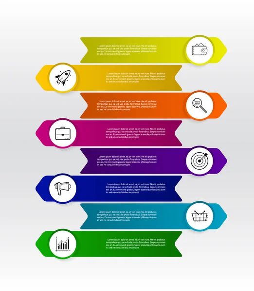 Arrow infographic design elements with 8 options. Moderní minimalistické uspořádání pro obchod s marketingovými ikonami. — Stockový vektor