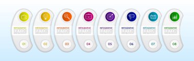 8 adımlı modern Infographic şablonu, 8 seçenek için simgeler, iş için renkli etiketler. 