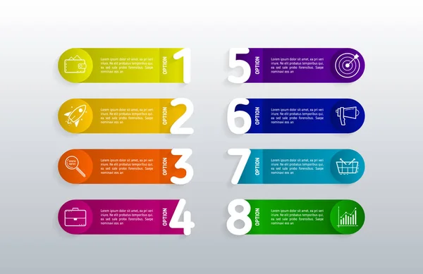 Современный Infographic шаблон с 8 шагами, иконки для 8 вариантов, красочные этикетки для бизнеса . — стоковый вектор