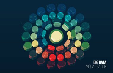 Büyük veri görselleştirmesi. Çember dizisi ve ikili kodlu soyut bir arkaplan. Bağlantı yapısı. Veri dizisi görsel konsepti. Büyük veri bağlantısı kompleksi.