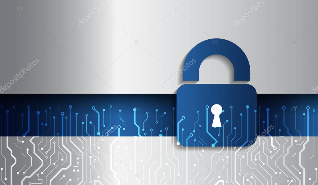 Data protection privacy concept. Padlock icon and internet technology networking connection. Cyber security internet and networking concept. Abstract circuit board.
