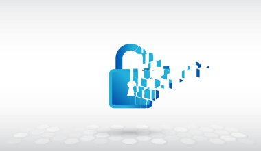 Kırık asma kilit ikonu ve internet teknolojisi antivirüsü güvende. Siber güvenlik interneti ve ağ konsepti. Soyut fütüristik geçmiş. Virüs saldırısı konsepti.