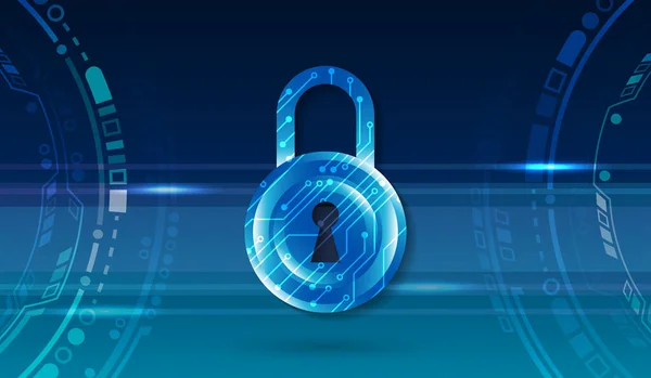 サイバーセキュリティインターネットとネットワーキングの概念 青い背景の抽象回路基板 データ保護プライバシーコンセプト 未来的な南京錠のアイコンとインターネット技術ネットワーク接続 — ストックベクタ