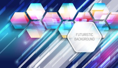 Geleceğin mavi arka planı, altıgenler ve parlayan teknoloji çizgileri. Renkli modern yüksek teknoloji çizimi.