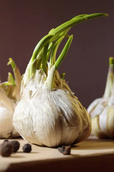 Garlic Head Close Wooden Table — Stock Photo, Image