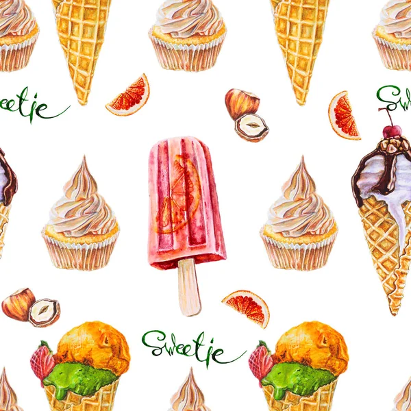 Seamless watercolor pattern with sweets and nuts. White background.