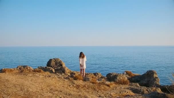 Chica fotógrafa tomando fotos del paisaje del mar — Vídeos de Stock