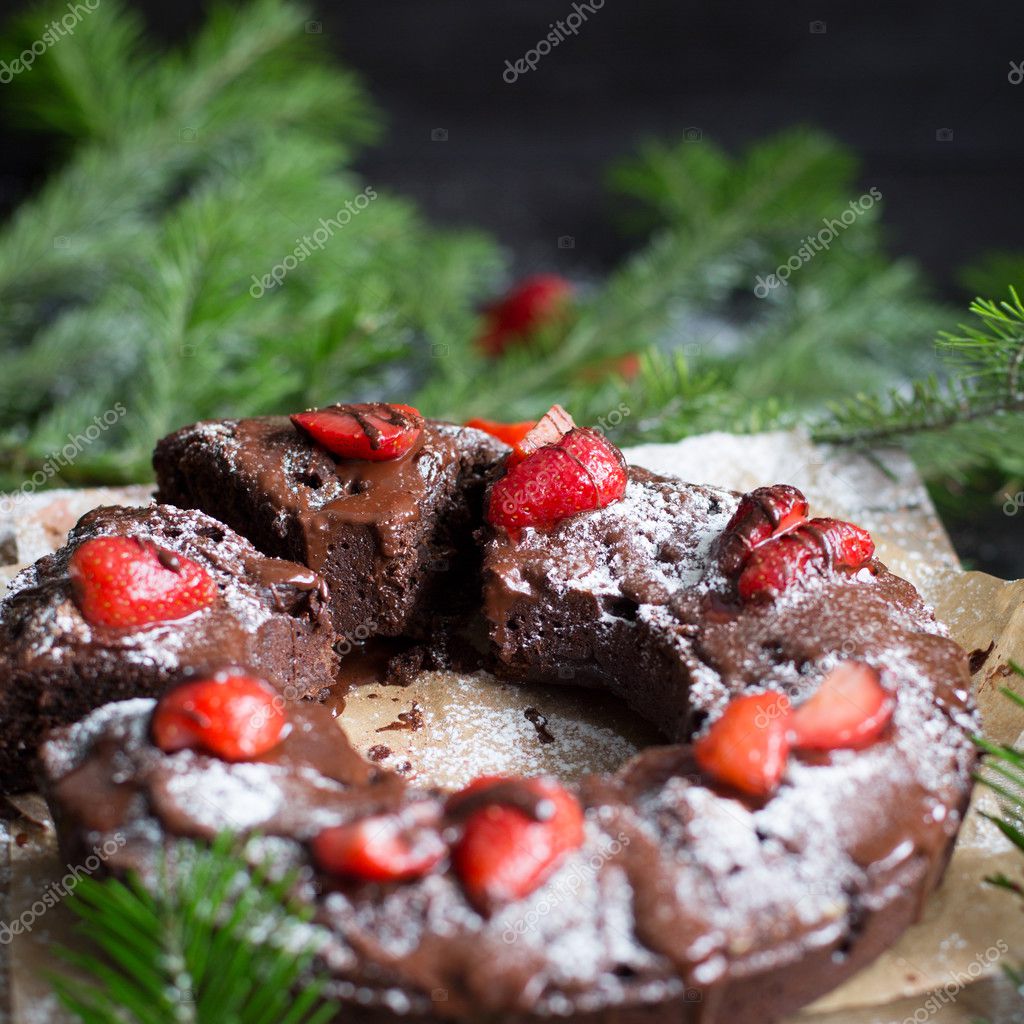 Chocolate Cake Decorated With Strawberries Stock Photo