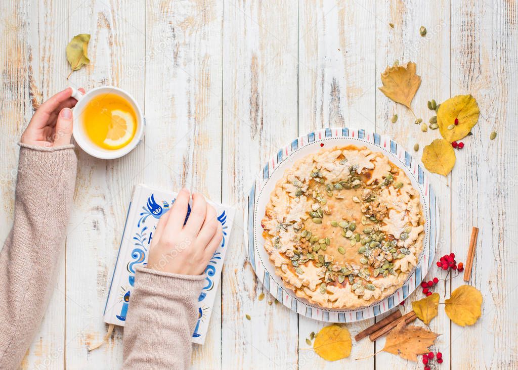 Autumn background with pumpkin pie