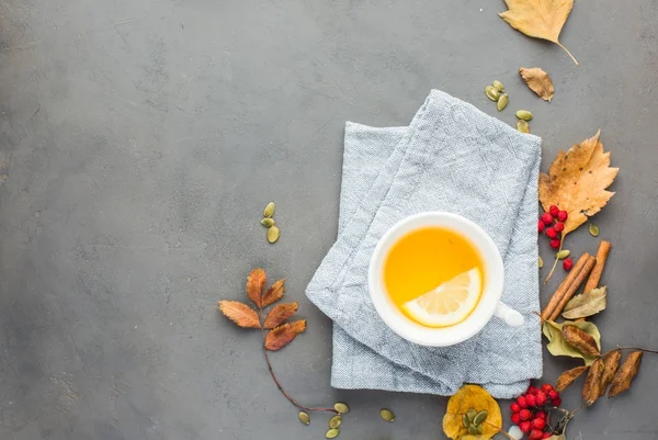 Fondo de otoño con té de limón caliente — Foto de Stock