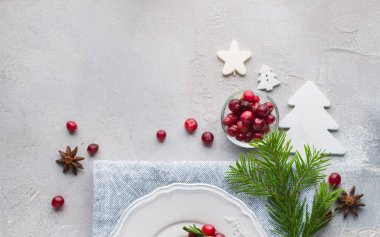 Noel arka plan bir Noel ağacı, bir yıldız, kızılcık ve baharatlar ile. Düz yatıyordu, en iyi görünümü