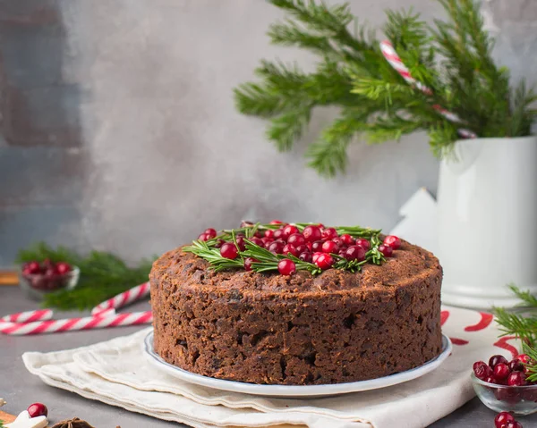 Pudding Traditionnel Anglais Noël Gâteau Aux Fruits Avec Romarin Canneberges — Photo