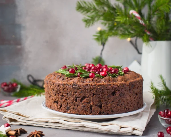 Pudding Traditionnel Anglais Noël Gâteau Aux Fruits Avec Romarin Canneberges — Photo