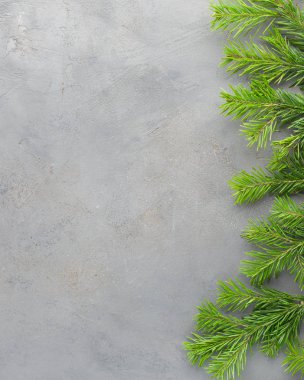 Noel ağacı ile gri beton arka plan. Güzel Noel arka plan. Düz yatıyordu, en iyi görünümü