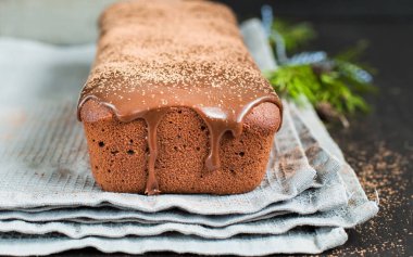 Bir çok çikolatalı kek ile koyu çikolata kaplı ve kakao ile serpilir. Ahşap koyu arka plan üzerinde. Taze kızılcık, mükemmel serin Noel tatlısı ile dekore edilmiş