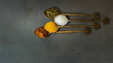 Bright vintage kaşık - safran, tuz, kekik, biberiye, gri beton zemin üzerine kırmızı biber biber baharat. Karanlık gıda fotoğraf.