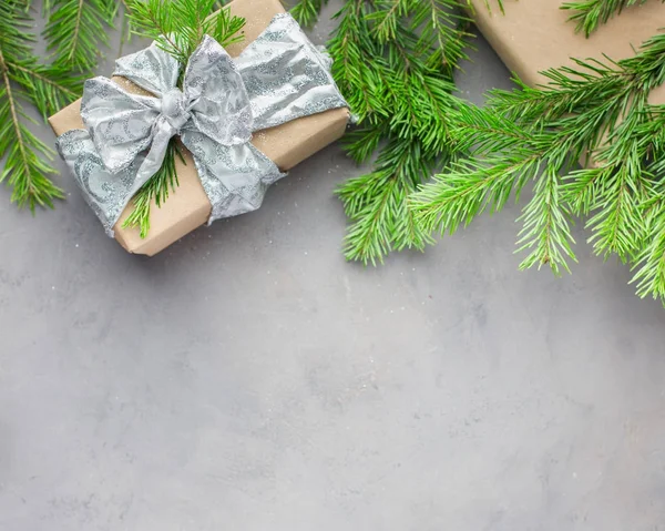 Christmas Background Gray Blue Colors Gifts Wrapped Kraft Paper Ribbons — Stock Photo, Image