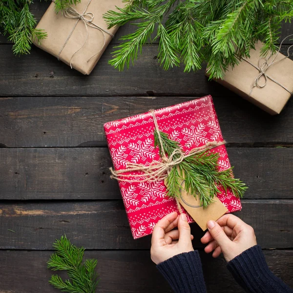 Fondo Navidad Con Decoraciones Con Árbol Navidad Con Cajas Regalo — Foto de Stock