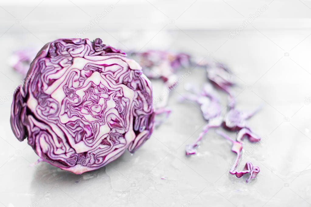 Fresh red cabbage. Close-up. Macro. On a light gray concrete background in water. Space for text
