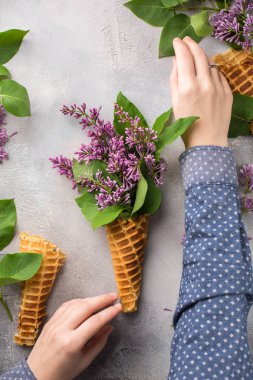 Dondurma külahı gri beton zemin üzerine Lila dalları ile. Taze çiçekler. güzel bir buket çiçek. Uzay kopyalayın. Metin için boş yer yer görüntüleyin. Gıda Fotoğraf elleri olan. Düz yatıyordu, en iyi görünümü