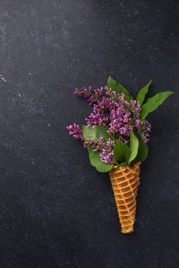 Dondurma külahı siyah bir beton zemin üzerine Lila dalları ile. Taze çiçekler. güzel bir buket çiçek. Uzay kopyalayın. Metin için boş alan görüntüleyin. Metin için yer. Gıda fotoğraf. Düz yatıyordu, en iyi görünümü