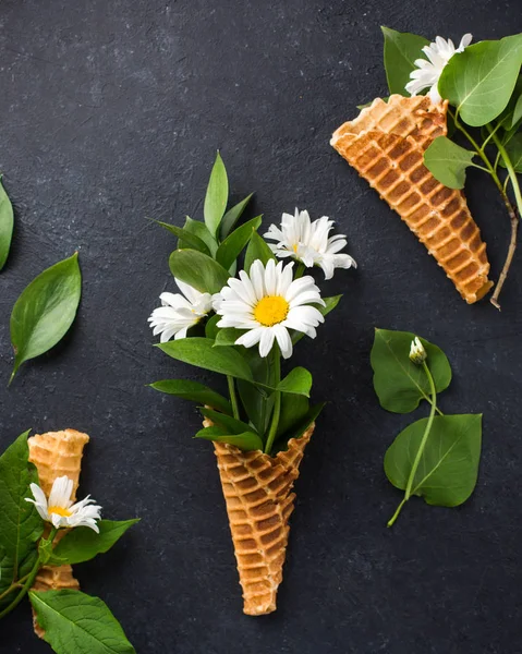 Dondurma külahı chamomiles siyah bir beton zemin üzerine buket. Taze çiçekler. kır çiçekleri güzel buket. Uzay kopyalayın. Metin için yer. Gıda Fotoğraf elleri olan. Düz yatıyordu, en iyi görünümü