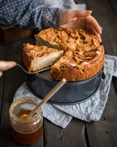 Homemade Cake Whole Wheat Flour Apples Wooden Background Food Photo — Stock Photo, Image