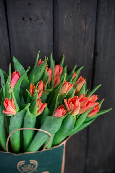 Bir kağıt torba koyu ahşap bir arka plan üzerinde kırmızı lale buketi. Bahar! Tazelik! Güzel bir buket çiçek. Metin için yer. Kartı orijinal arka plan veya kart. Vintage ülke rustik tarzı